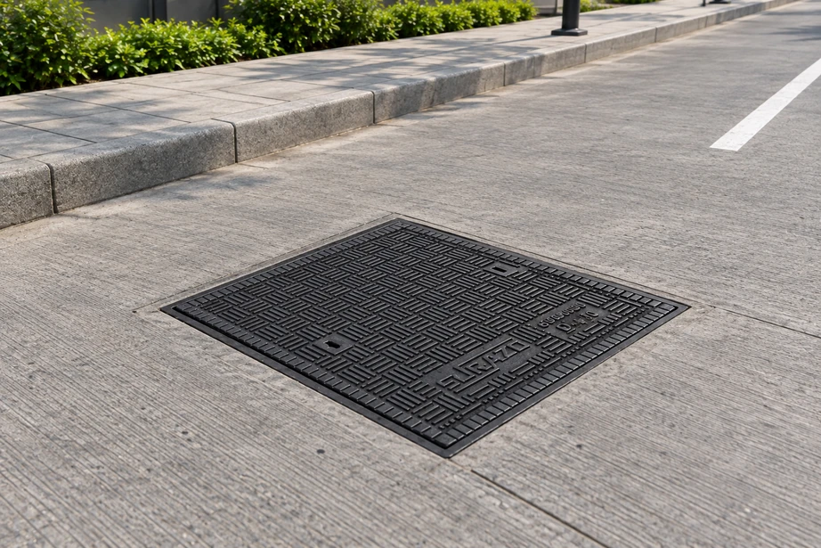 Surazo square manhole cover installed in a roadway
