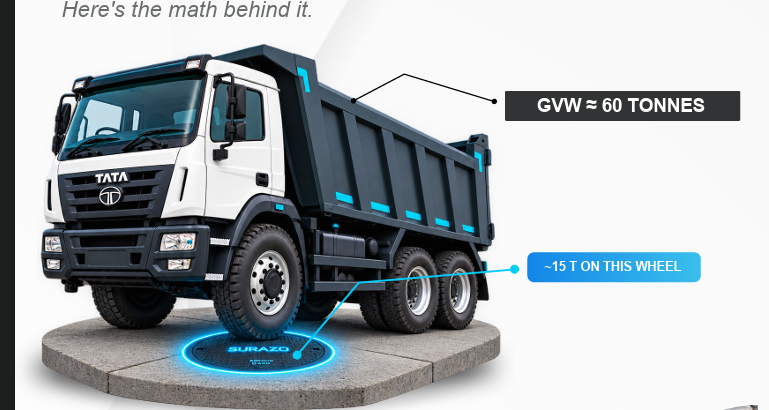 Truck above a Surazo manhole cover, illustrating gross vehicle weight and an example wheel load
